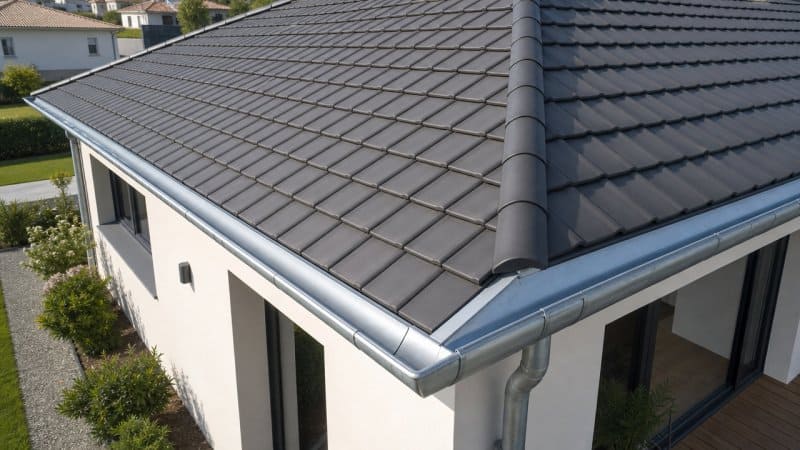 Des gouttières bien dimensionnées d'une maison pavillonnaire moderne en france vu du toit fraichement installées pas un couvreur