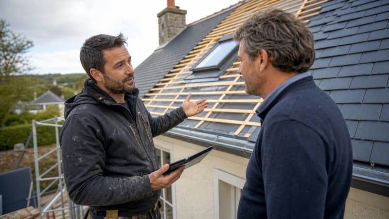 Un artisan en toiture dans le 95 qui fait un rapport à un client sur l'évolution des travaux de toiture de sa maison