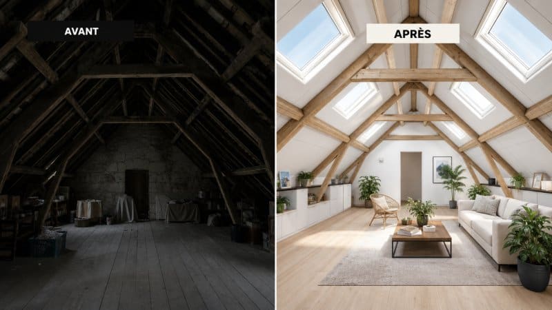 Un comble avant et après l'installation de fenêtres de toit par un couvreur à Eaubonne