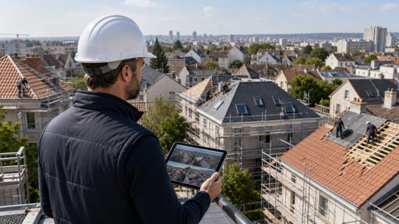 Un couvreur à Bezons qui surveille plusieurs chantier de toiture