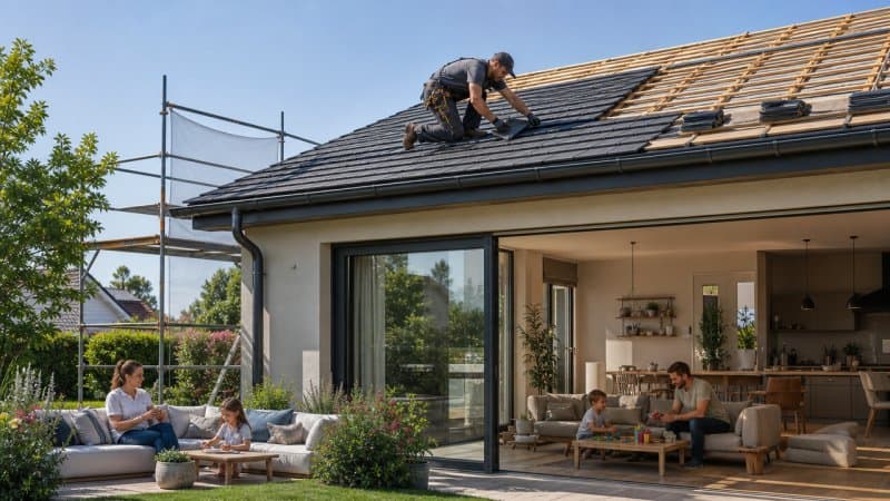 Un expert en toiture qui installe une toiture sans gêner une famille à l'intérieur ou à l'extérieur d'une maison