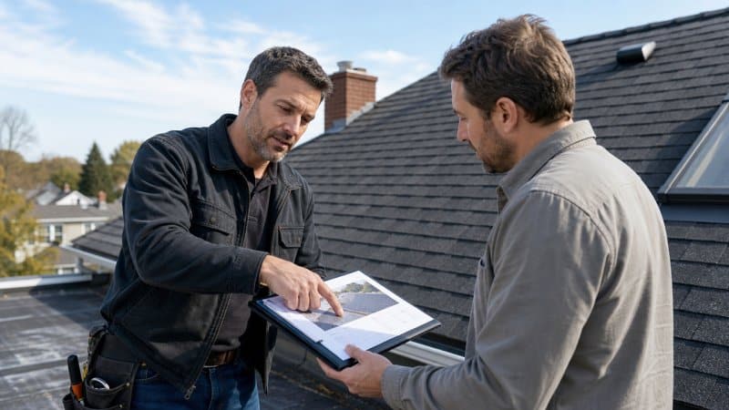 Un expert en toiture qui planifie les travaux d'entretien d'une toiture avec un client