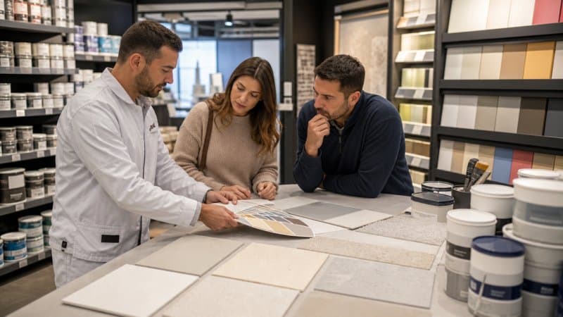 Un professionnel du ravalement en train de de conseiller les peintures et enduits pour ses clients