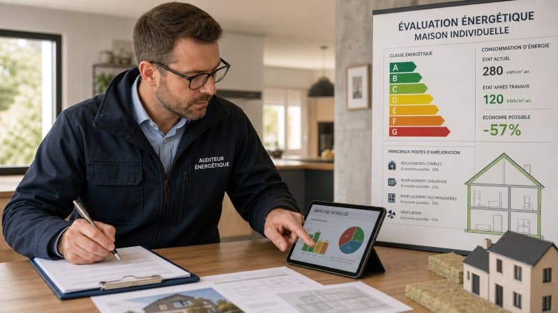 Un professionnel évaluant l'économie d'énergie possible pour une maison après des travaux d'isolation
