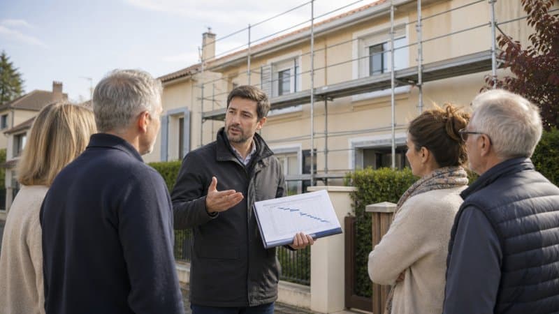 Un professionnel qui informe les voisins du planning de travaux de ravalement de façade d'une maison