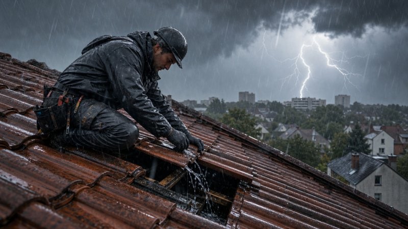 Un professionnel qui règle un probleme de toiture en tuile qui fuit à Cergy en France en plein orage