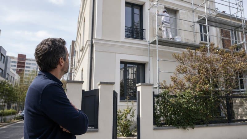 Un propriétaire surveillant le ravalement de façade de sa maison à courbevoie