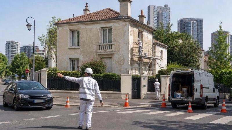 Une entreprise de révalement à courbevoie en train de réguler la circulation autour d'une maison avec une façade à ravaler