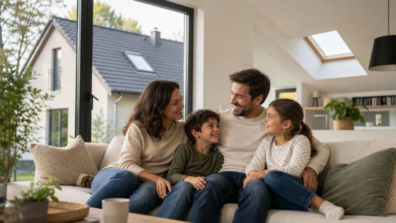 Une famille qui se sent bien dans une maison sans fuite de toiture à Cergy en france