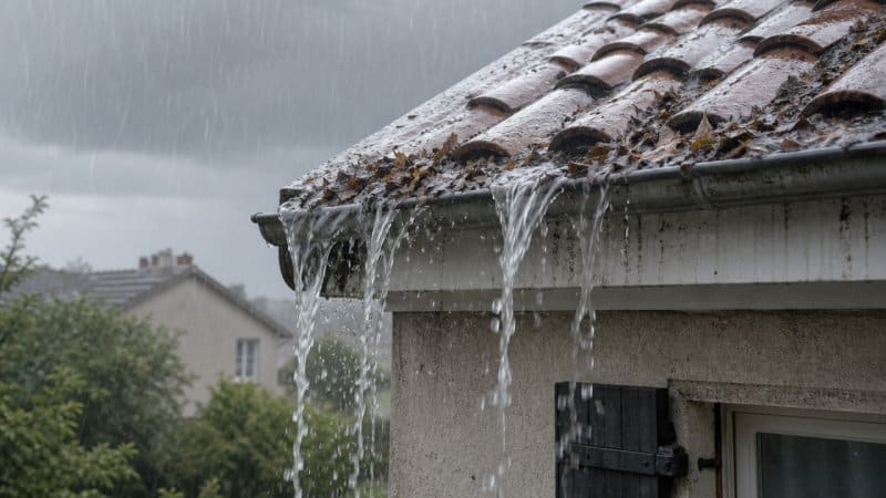 Des gouttières bouchées qui débordent pendant un orage.