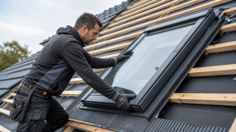 Un couvreur professionnel qui installe des fenêtres de toit modernes