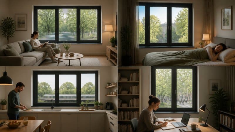 Des pièces d'une maison dans le 95 avec des personnes au calme grâce à des fenêtres insonorisées