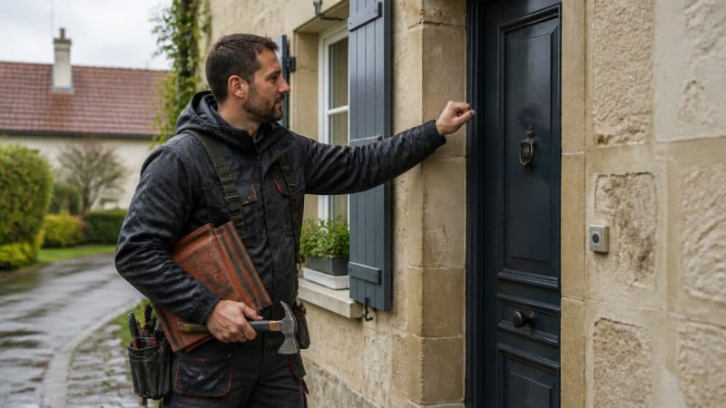 Un couvreur en France qui frappe à la porte d'une maison pour une fuite de toiture
