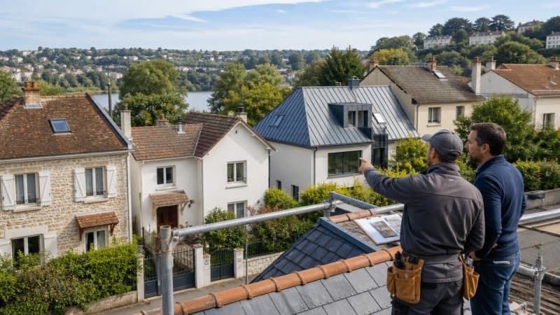 Un couvreur qui conseille un client