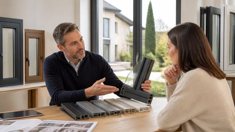 Un professionnel en train de conseiller la bonne couleur de fenêtres à une cliente