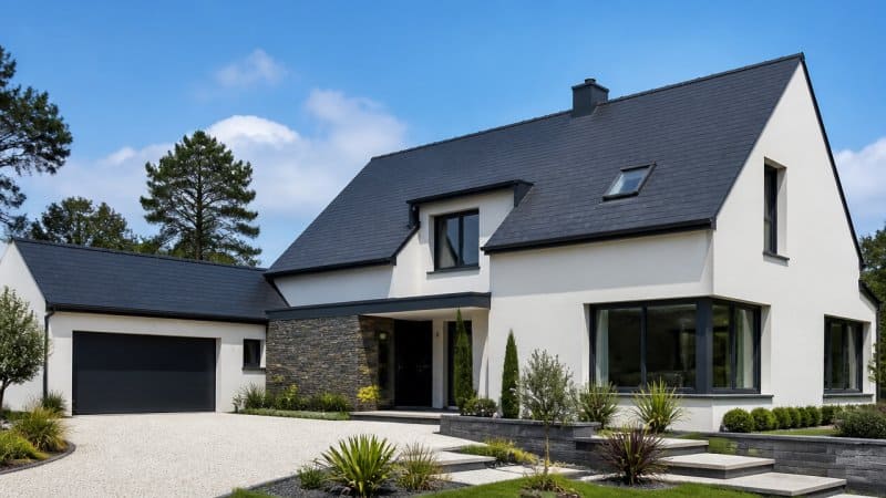 Une maison moderne avec une toiture en ardoise installée par un bon couvreur