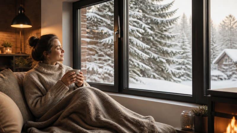 Une personne qui se sent bien en hiver grâce à des fenêtres bien isolées