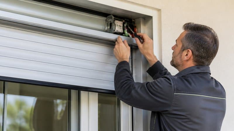 Un expert en train d'ajuster l'installation et les règlages d'un volet roulant.