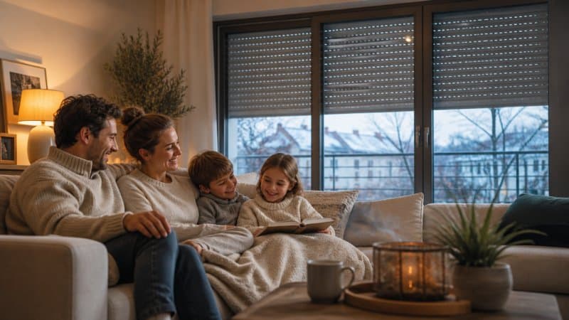 Une famille dans un salon protégé du froid de l'hiver grâce à des volets roulants.