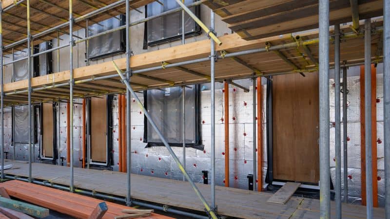Une isolation thermique des murs par l’extérieur en cours de pose